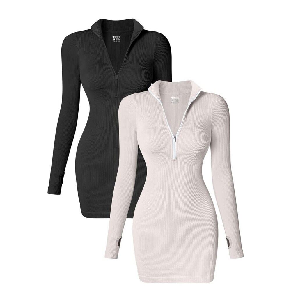 OQQ Small Dresses Sexy Ribbed Zip Front Long Sleeve Tops Mini Dress - Lot Of 2